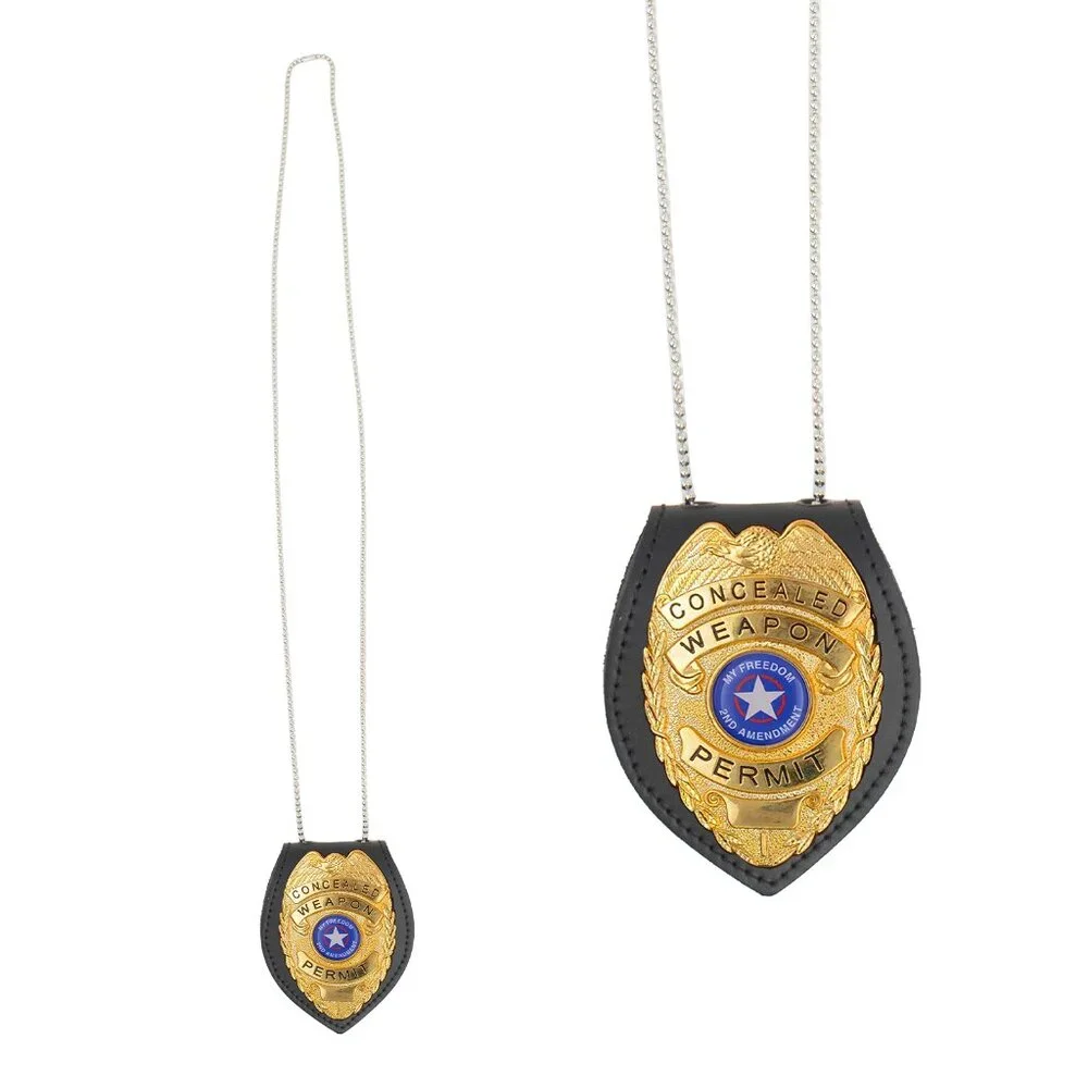 Genuine Leather UNIVERSAL Police Security Badge Holder Belt Clip & Neck Chain